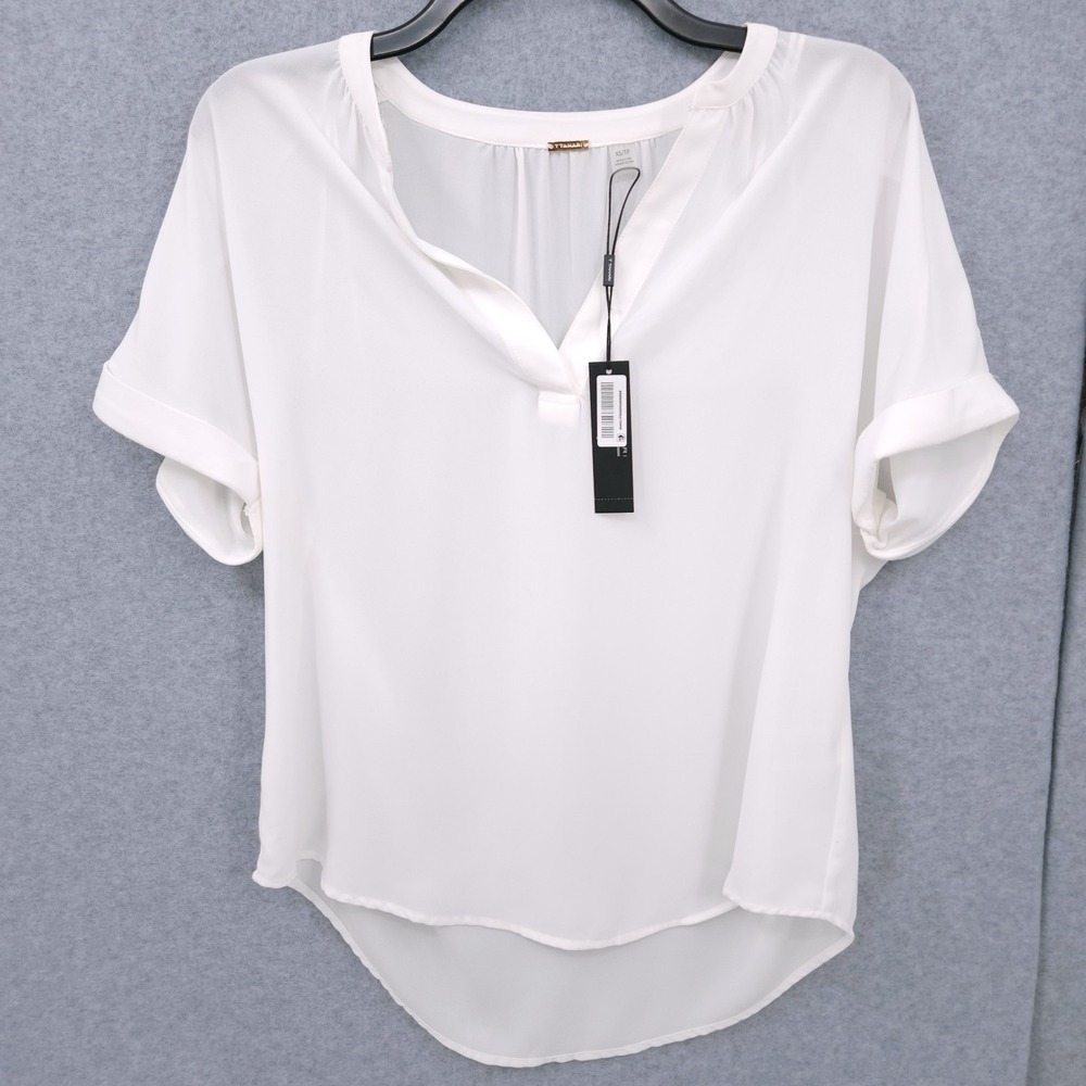 T Tahari Split Neck Rolled Cuff Pullover White Star Blouse Womens Size XS NWT